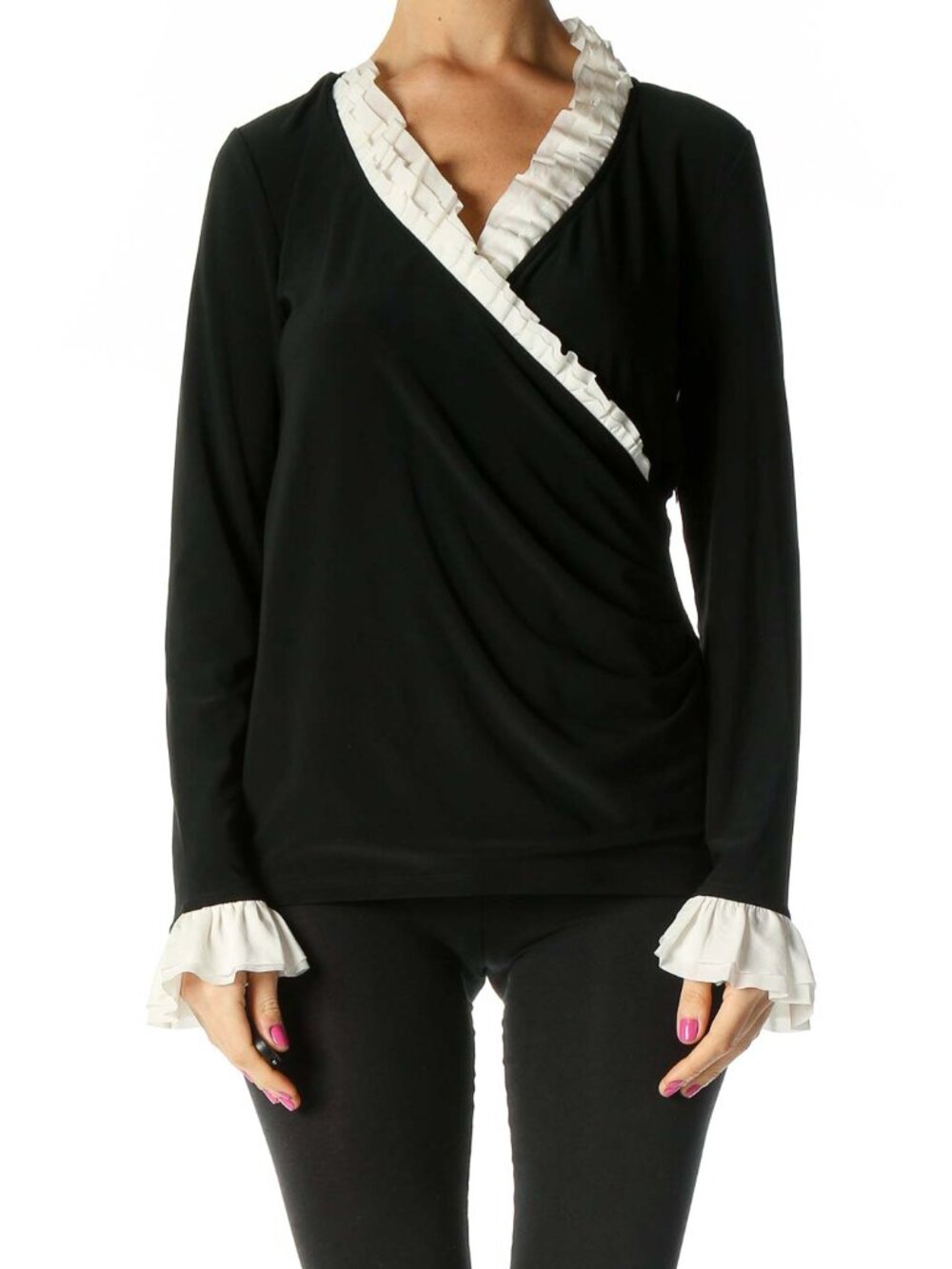 White House Black Market Black Solid Ruffle Top